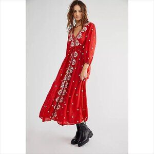 Free People Fable midi boho dress red embroidery gauze long Rock Roll maxi XS